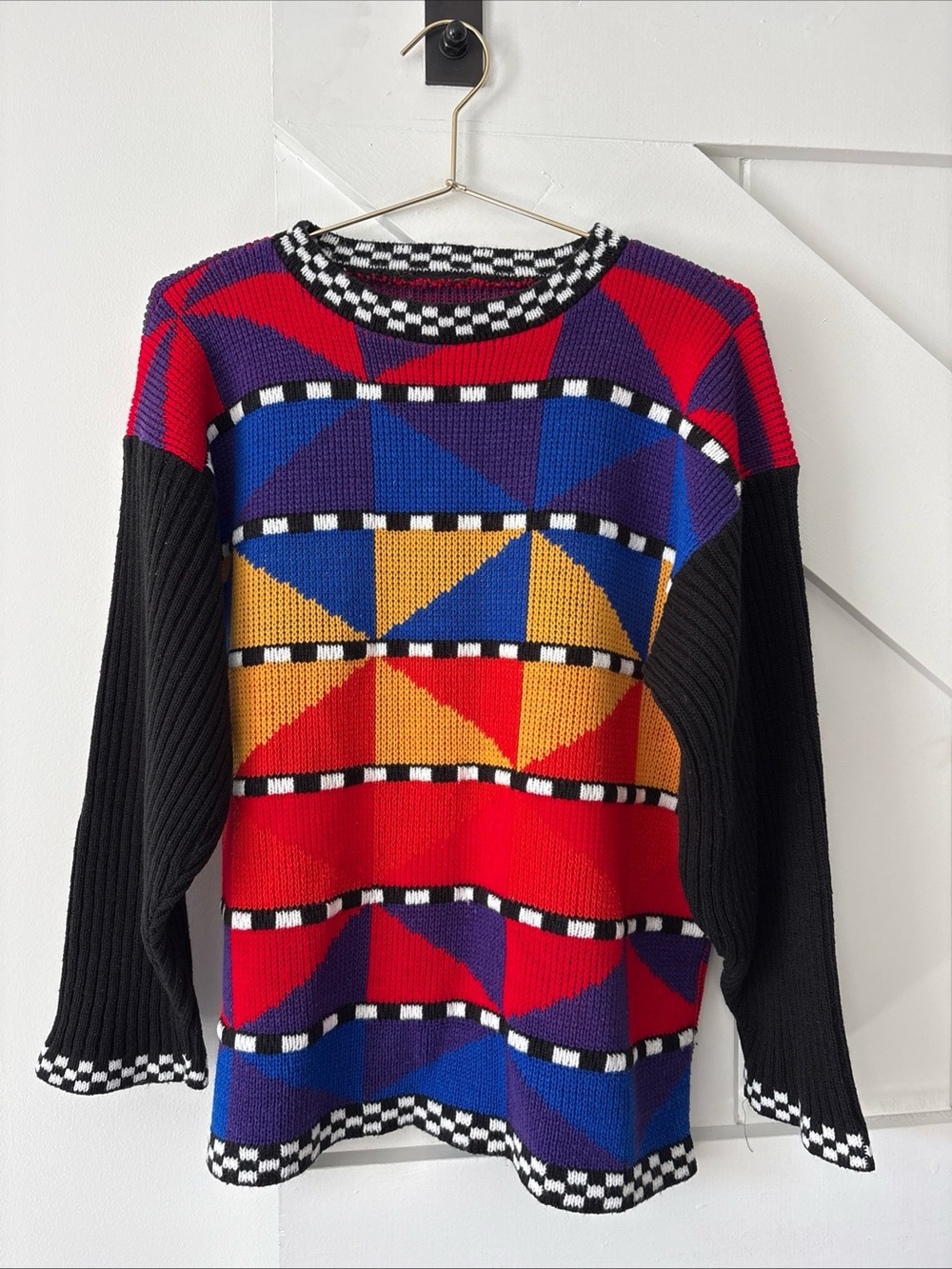 Vintage Reference Point 90s Geometric Colorblock Sweater Retro Checkerboard